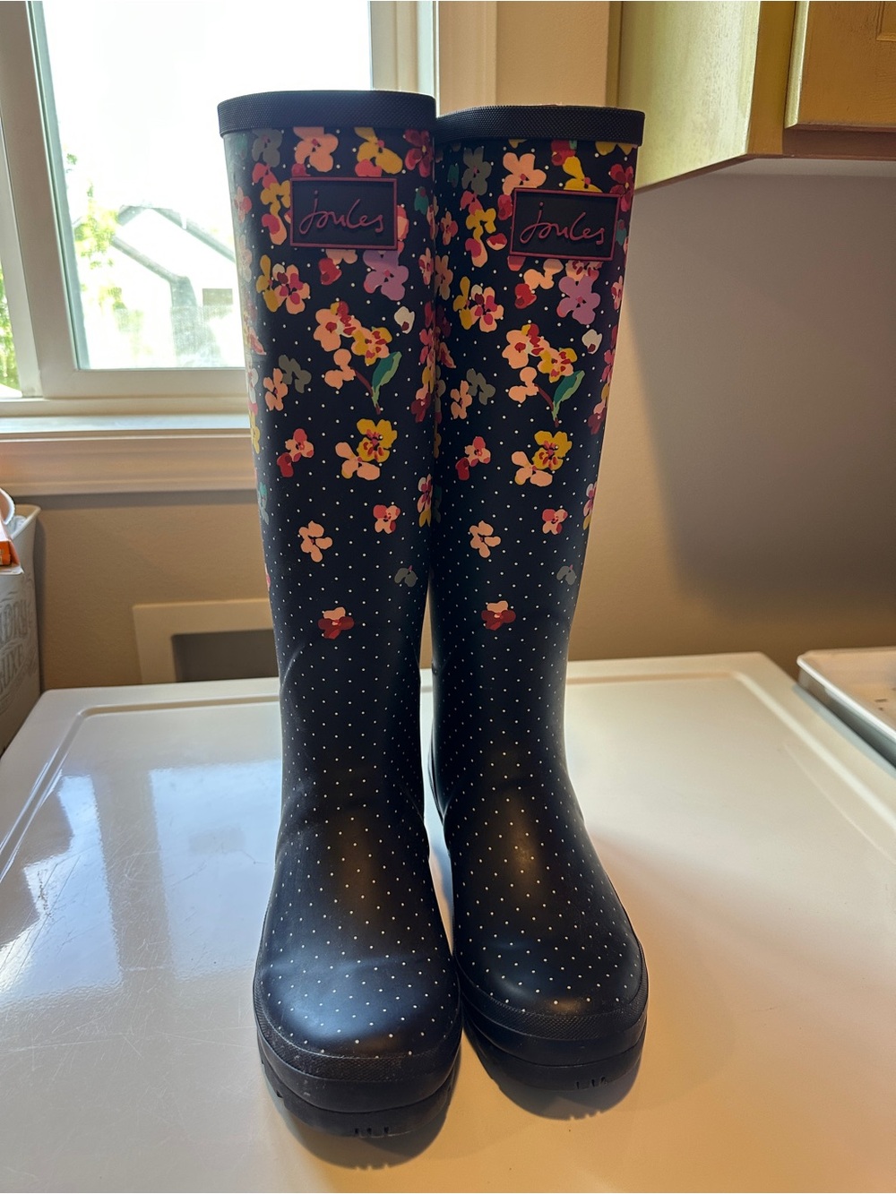 Joules Navy Floral & White Polka Dot Tall Rain Boots